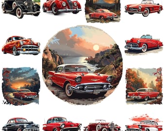 May include: A collection of vintage cars in various colors and styles, including red, black, and white. The cars are set against a backdrop of scenic landscapes, including a sunset over a lake and a forest.