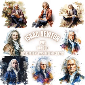 Puede incluir: Un collage digital de nueve imágenes que presentan a Sir Isaac Newton en varias poses. Las imágenes están en un estilo de acuarela con un fondo blanco. El texto "ISAAC NEWTON PNG BUNDLE TRANSPARENT BACKGROUND CLIPART" está en el centro del collage.