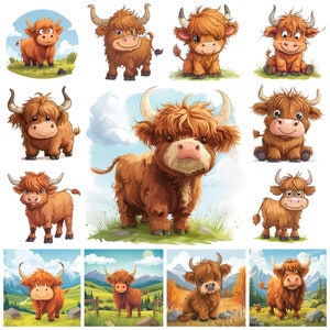 31 Cartoon Highland Cow PNG Clipart, Adorable Nursery Highland Scottish Cow Illustration, Funny Mini Highland Cow, Commercial Use