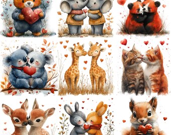 Valentijnsdag dieren png clipartbundel, aquarel Valentijnsdag huisdieren kaart maken papier ambachten dierenafbeeldingen, commercieel gebruik