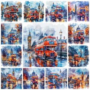 May include: A collage of twelve watercolor paintings depicting red double-decker buses driving through a rainy London street with Big Ben in the background.