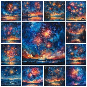 Paquete de imágenes prediseñadas PNG de paisajes de fuegos artificiales en acuarela, exhibición explosiva del cielo nocturno, fuegos artificiales coloridos sobre paisajes escénicos, uso comercial