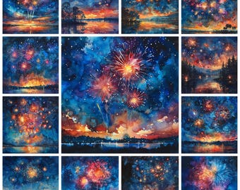 Watercolor Firework Scenery Clipart Bundle, Night Sky PNG (Digital Download)