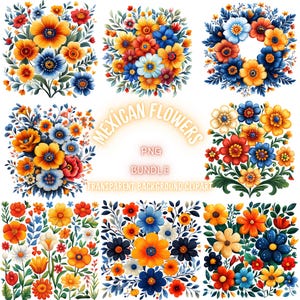 47 Mexican Flowers PNG Clipart Bundle, Watercolor Mexican Flowers Border Images, Mexican Folk Floral Wreath Illustration, Commercial Use