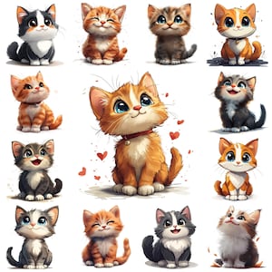 33 Adorable Cat PNG Clipart Bundle, Cartoon Kitten Illustration, Funny Animated Cat Card Making, Paper Crafts, Scrapbooking, Commercial Use