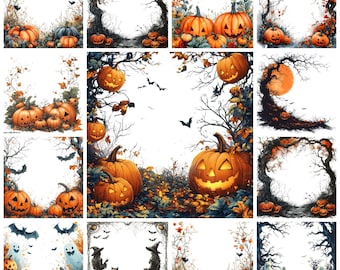 36 Halloween Border PNG Clipart Bundle, Watercolor Spoky Wreath Illustration, Jack-o’-lantern Frame Card Makin Witch Wreath, Commercial Use