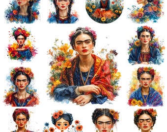 Frida Kahlo Watercolor Clipart Bundle, Portrait PNGs (Commercial Use)