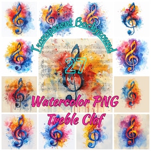 27 Treble Clef PNG Clipart, Watercolor Musical Symbol T-Shirt Design Illustration, Abstract Music Notation Print Wall Art, Commercial Use