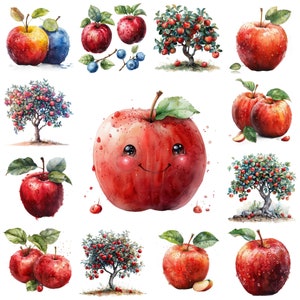 38 Pacote de clipart de maçã aquarela PNG, ilustração de fundo transparente de fruta maçã vermelha, macieira PNG, clipart de maçã adorável, uso comercial
