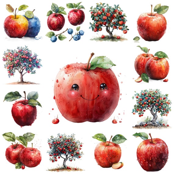 38 水彩リンゴ PNG クリップアート バンドル、赤いリンゴの果実の透明