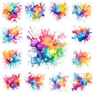 40 akwarelowych rozprysków PNG Clipart Bundle, ilustracja Color Splash, rozpryski farby sztuka sublimacji papieru rzemieślniczego, tworzenie kartek, wykorzystanie komercyjne
