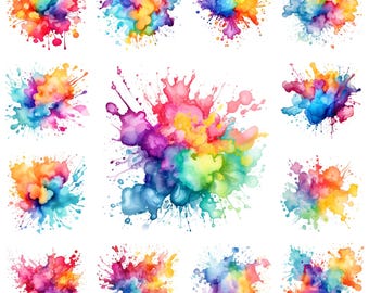 40 Watercolor Splash PNG Clipart Bundle, Color Splash Illustration, Splash of Paint Art Sublimation Paper Craft, Card Making, Commercial Use