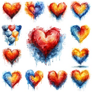 Watercolor 44 Heart PNG Clipart Bundle, Colorful Heart Illustrations, Transparent Vibrant Love Design, Romantic Heart Graphic Commercial Use