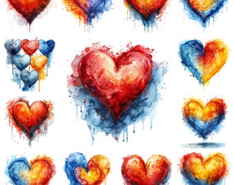 Aquarell Herz Clipart Bundle, buntes Liebesdesign (PNG Digital Download)