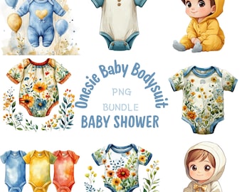 Onesie Baby Bodysuit PNG Clipart Bundle, Watercolor Cute Baby Shower Illustration, Nursery Wall Art, 1st Birthday Sublimation Commercial Use