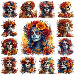 40 La Catrina PNG Clipart Bundle, Illustration colorée de peinture pour le visage art folklorique mexicain du jour des morts, squelette élégant, usage Commercial