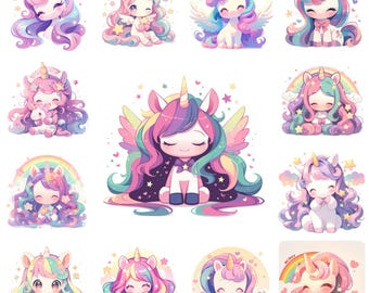 Kawaii Unicorn PNG Clipart Bundle, Cartoon Illustrations (Commercial Use)