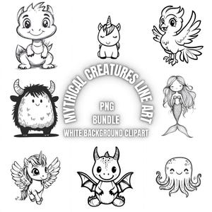 Mythische wezens zeer fijne tekeningen PNG clipart bundel, abstracte lijn kunst sublimatie, minimalistische illustratie moderne monoline kunst commerciële U