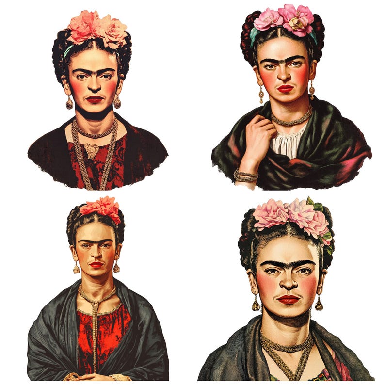 May include: Four images of Frida Kahlo, a famous Mexican painter, wearing a flower crown and traditional clothing. Each image features a different expression and pose.