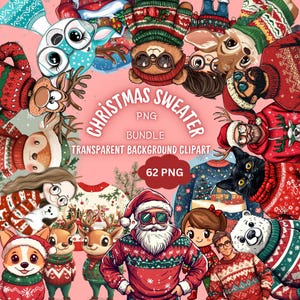 62 Pacchetto di clipart PNG di maglioni natalizi, adorabile illustrazione di animali di maglioni natalizi, carta regalo festiva, arte stampabile, uso commerciale