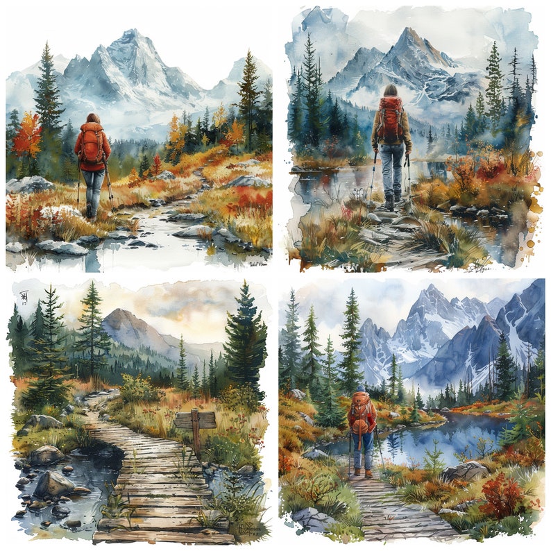 Peut inclure: Un collage de quatre aquarelles repr&eacute;sentant des randonneurs dans un paysage montagneux. Chaque sc&egrave;ne pr&eacute;sente une personne avec un sac &agrave; dos et des b&acirc;tons de randonn&eacute;e, marchant sur un sentier &agrave; travers une for&ecirc;t avec un lac ou un ruisseau en arri&egrave;re-plan. Les montagnes sont enneig&eacute;es et le ciel est nuageux.