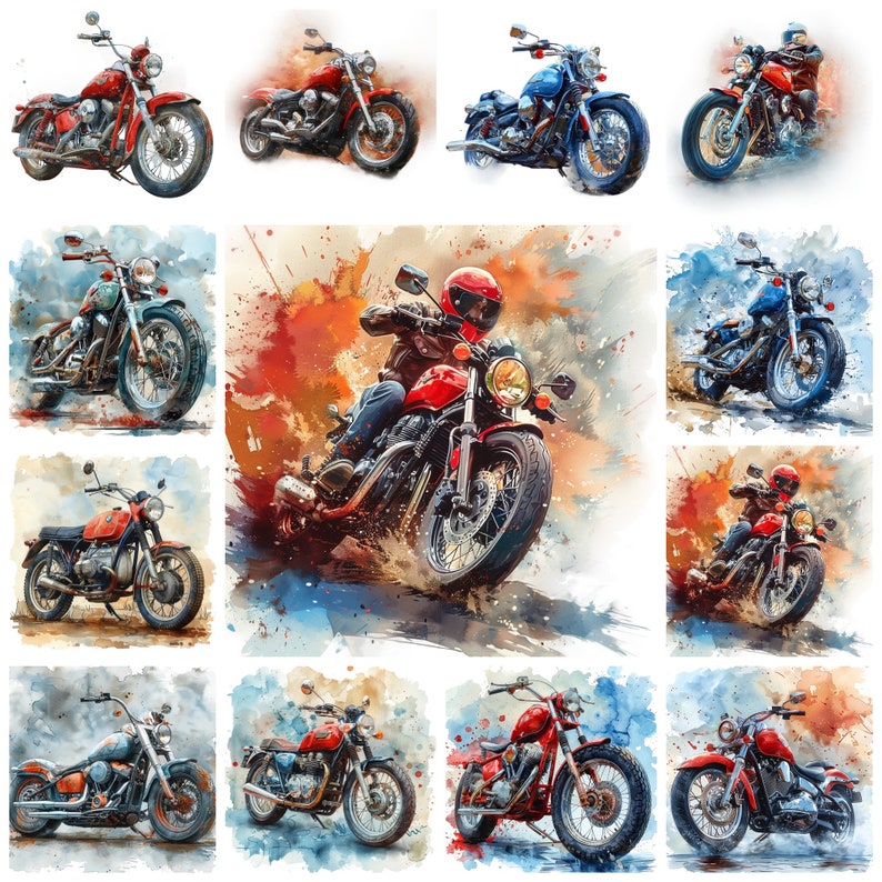 May include: A collection of ten watercolor paintings depicting vintage motorcycles. The motorcycles are in various colors, including red, blue, green, and black. The paintings are set against a backdrop of watercolor washes, creating a sense of movement and speed.