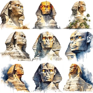 40 Sphinx Landscpae PNG Clip Art Bundle, Aquarell Altägyptische Sphinx Sonnenuntergang Wandkunst, Riesenstein Sphinx Druck, kommerzielle Nutzung
