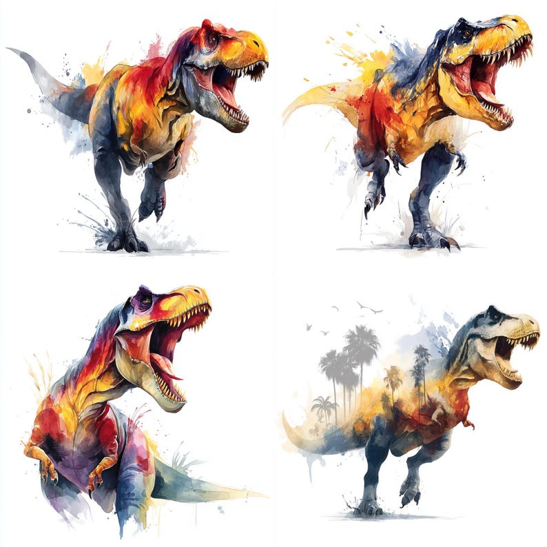 50 T-rex Dinosaurs PNG Clipart Bundle, Watercolor T - Rex Jurassic Park ...