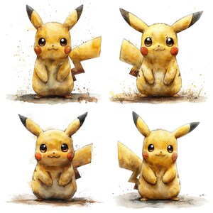 May include: Four watercolor illustrations of Pikachu, a yellow electric-type Pok&eacute;mon with red cheeks, black ears, and a lightning-shaped tail. Each Pikachu is depicted in a different pose, with a playful and cheerful expression.