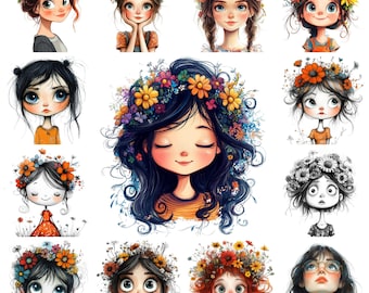 Watercolor Girl Clipart Bundle, Whimsical Ephemera, Junk Journal (Digital Download)