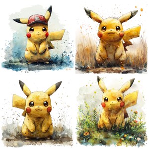 May include: Four watercolor paintings of Pikachu, a popular Pokemon character. Each painting features Pikachu in a different pose and setting. The first painting shows Pikachu wearing a red baseball cap. The second painting shows Pikachu standing in a field of tall grass. The third painting shows Pikachu sitting in a field of flowers. The fourth painting shows Pikachu standing in a forest.