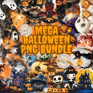 Mega Halloween Whole Shop PNG Bundle, 600+ Halloween Clipart Set, Ghost, Girl, Border, Goat, Cat , Haunted House, Scarecrow, Commercial Use
