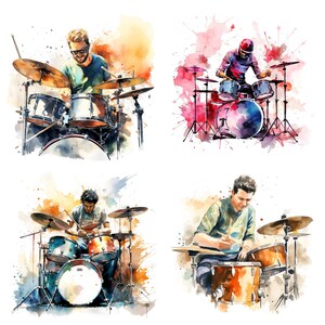 Watercolor Drum Set PNG Clipart Bundle, Dynamic Poses (commercial Use ...