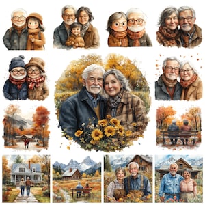 Paquete de 30 imágenes prediseñadas PNG del Día Nacional de los Abuelos, ilustración del amor de los abuelos en acuarela, imagen de paisaje de abuela y abuelo para uso comercial
