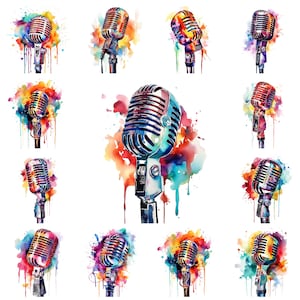 Paquete de 26 imágenes prediseñadas de micrófonos PNG, imágenes de micrófonos vocales dinámicos vintage de acuarela, imágenes de micrófonos profesionales retro, uso comercial