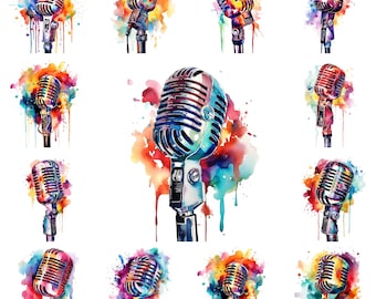 Watercolor Microphone Clipart Bundle, Vintage Vocal Images (PNG Digital Download)