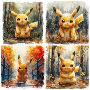 May include: Four watercolor paintings of Pikachu, a yellow electric-type Pokemon, in different autumnal settings. Each Pikachu is depicted with a friendly expression and a bright yellow body with red cheeks. The backgrounds feature trees, leaves, and other natural elements.