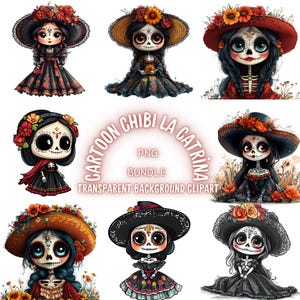 40 Chibi La Catrina PNG Clipart Bundle, Cartoon Tag der Toten mexikanische Volkskunst Illustration, schrullig La Catrina druckbare Kunst, kommerzielle Nutzung