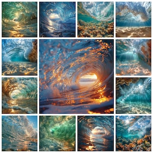 May include: A collage of ten images showcasing the beauty of ocean waves crashing and breaking, creating a variety of shapes and patterns. The images capture the power and tranquility of the ocean.