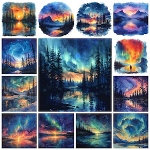 48 Aurora Lighting PNG landschap clipart, aquarel zuidelijke Aurora Australis-afbeeldingen, noorderlichtlandschap, Aurora Glow, commercieel gebruik