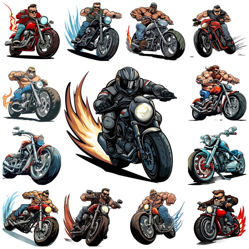 May include: A collection of cartoon illustrations of people riding motorcycles. The motorcycles are in various colors, including red, black, blue, and green. The people are wearing leather jackets, helmets, and sunglasses. The illustrations are set against a white background.