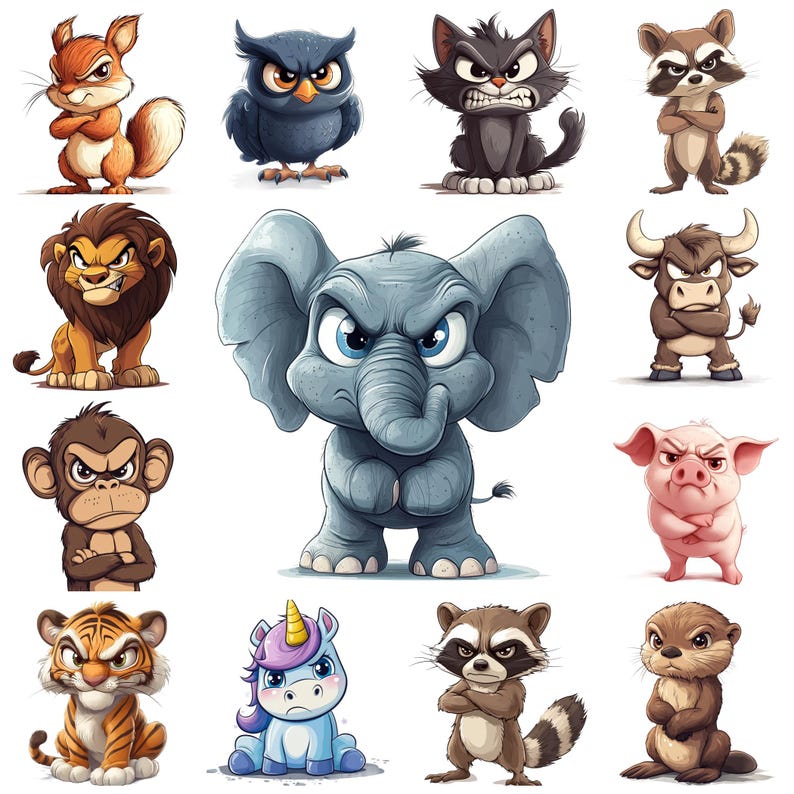 May include: A colorful illustration of 12 cartoon animals, including a squirrel, owl, cat, raccoon, lion, elephant, monkey, unicorn, raccoon, otter, and tiger. The animals are all drawn in a whimsical style with bright colors and expressive features.