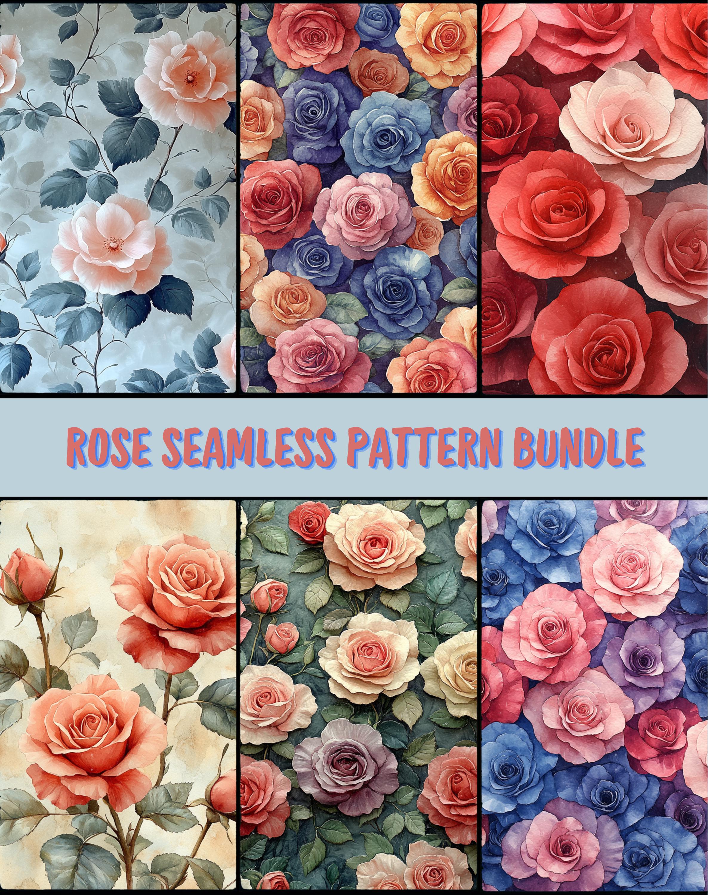 Rose Flower Seamless Pattern PNG Bundle, Watercolor Floral Commercial ...
