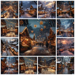 May include: A collection of 10 images showcasing a winter wonderland Christmas market scene. The images feature festive decorations, twinkling lights, wooden stalls, and people enjoying the holiday atmosphere.