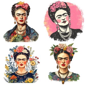 May include: Four different illustrations of Frida Kahlo, a famous Mexican painter. Each illustration features Frida with a flower crown and a unique background. The first illustration shows Frida with a blue and green floral background. The second illustration shows Frida with a pink watercolor background. The third illustration shows Frida with a floral background. The fourth illustration shows Frida with a floral background.