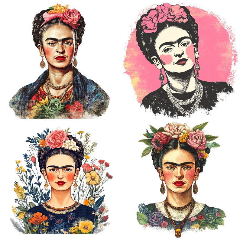 May include: Four different illustrations of Frida Kahlo, a famous Mexican painter. Each illustration features Frida with a flower crown and a unique background. The first illustration shows Frida with a blue and green floral background. The second illustration shows Frida with a pink watercolor background. The third illustration shows Frida with a floral background. The fourth illustration shows Frida with a floral background.