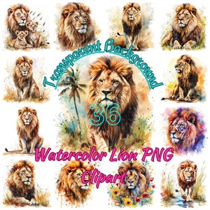 May include: A set of 36 watercolor lion clipart images with transparent backgrounds. The lions are depicted in various poses, including standing, sitting, and lying down. The images are perfect for use in digital scrapbooking, card making, and other creative projects.