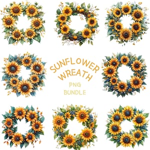 Sonnenblumenkranz PNG Clipart Bundle, Aquarell Blumen Sonnenblumengirlande Kunst Sublimation, druckbare Blumenflamme Karte Makin, kommerzielle Nutzung