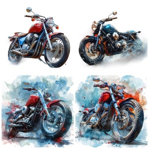 May include: Four watercolor illustrations of vintage motorcycles. Each motorcycle is red and black, with a chrome finish. The motorcycles are set against a blue and white watercolor background.