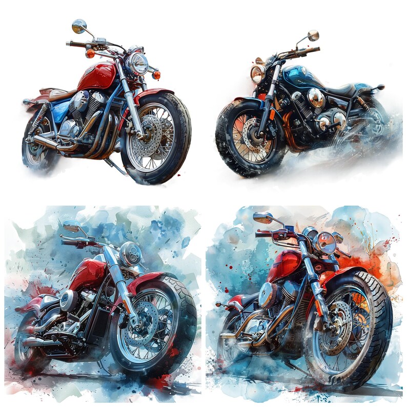 May include: Four watercolor illustrations of vintage motorcycles. Each motorcycle is red and black, with a chrome finish. The motorcycles are set against a blue and white watercolor background.